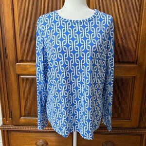 IBKUL Pullover Long Sleeve Top Blue & White Chain Link Pattern Size XL